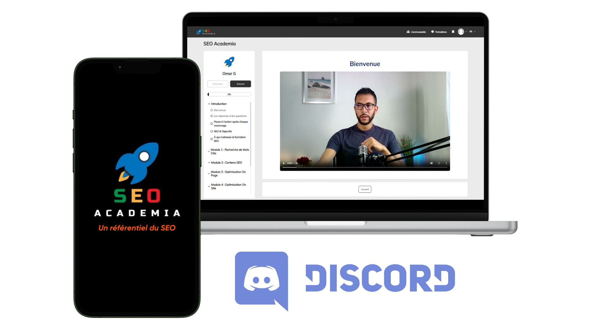 Aperçu de la plateforme de formation SEO Academia sur ordinateur et mobile, avec l'accès à la communauté Discord