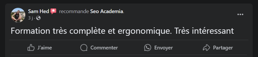 Recommandation Facebook de Sam Hed : « Formation très complète et ergonomique. Très intéressant. »