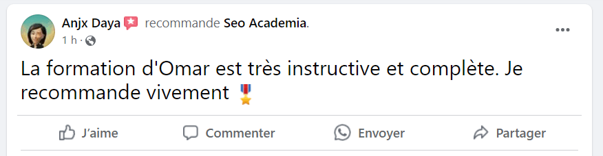 Recommandation Facebook d'Anjx Daya : « La formation d'Omar est très instructive et complète. Je recommande vivement. »